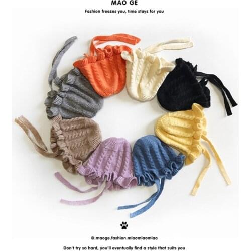 2020 Winter Warm Kids Hats and Caps Skullies Beanies Knitted Woolen Children Baby Hats for Boys Girls Cute Ruffled Lace Up Hat