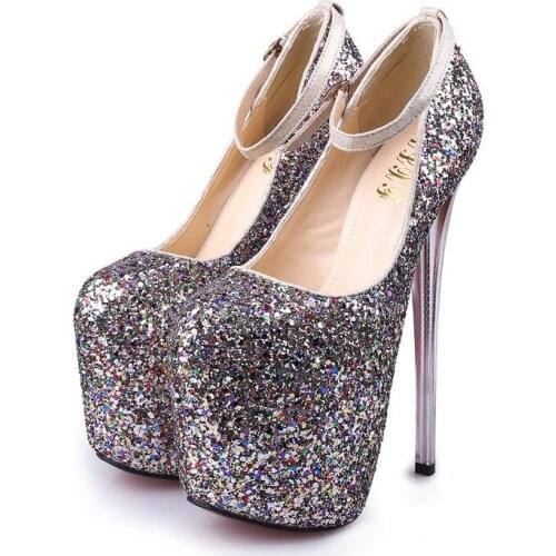Women Pumps Heeled Shoes Sequined Cloth Buckle Strap 19CM Thin High Heels Round Toe Bling Rhinestone Party Wedding shoes women