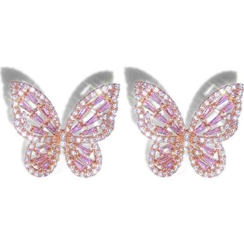 Creative Zircon Butterfly Stud Earrings Pink White Party Anniversary Birthday Gift Animal Earrings