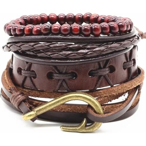 Fish Hook Brown Multilayer Beaded Women Vintage Ethnic Casual Handmade Woven Leather Bracelets Men Jewelry Wholesale Accessories