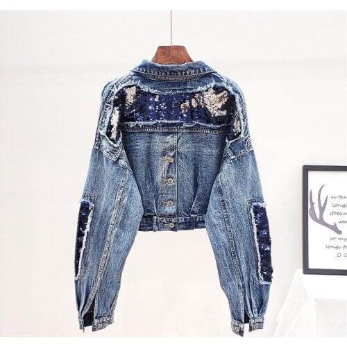 Harajuku Women Denim Jacket 2021 Autumn Batwing Sleeve Loose Fit Sequined Fashion Short Outerwear Single Breasted Casual Coat