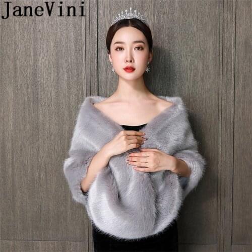 JaneVini 2019 Gray Fur Bridal Cape Women Bolero Femme Winter Wedding Dress Shrugs Shoulder Wraps Bride Faux Fur Shawls Stoles