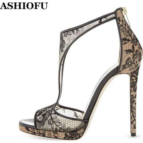 ASHIOFU New Handmade Ladies High Heel Sandals Sexy Breathable Lace Mesh Summer Shoes Plus Size Evening Club Fashion Sandals Shoe