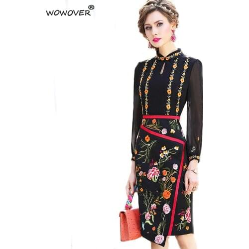 Spring 2021 High Quality Runway Flower Embroidery Dress Women Long Sleeve Robe Elegant Designers Office Party Vintage Vestidos