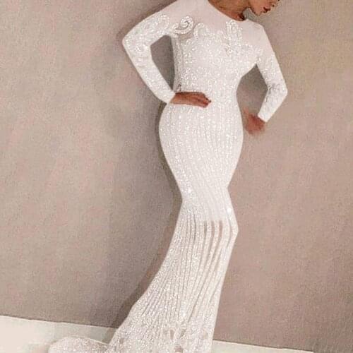 White Elegant Dress Women Long Sleeve Sequined Maxi Bodycon Mermaid Dresses New Fashion Celebrity Party Club Vestidos