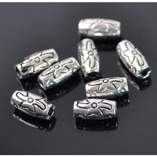 100pcs Tibetan Silver Metal 9.5x4.5mm Tube Shape Flower Carved Loose Spacer Beads lot for Jewelry Making DIY Crafts Findings
