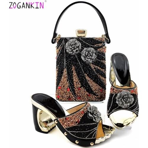 2020 Black Color Comfortable Heels Italian Lady Shoes with Matching Bag for African Women Shoes and Bag Set with Crystal