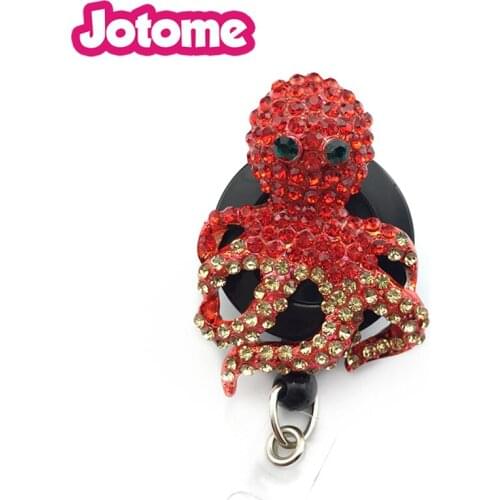 Bling Rhinestone Octopus Pattern Blossom Decorated Retractable Badge Reel ID Holder with Clip