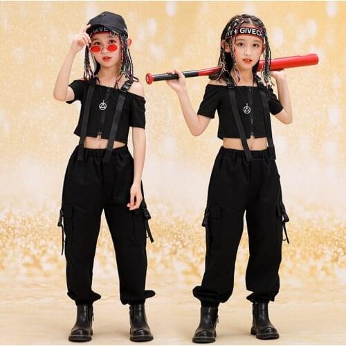 Kids Hip Hop Clothing Carnival Outfits Off Shoulder Tshirt Cargo Pants Streetwear For Girls Jazz Dance Costumes Stage Clothes