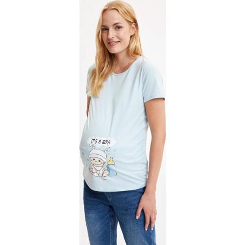 Womens Blue Print Detail Shirred Short-Sleeve Maternity Top S1445AZ20AU Cotton 95%, Elastane 5% World famous TURKISH TEXTİLİ