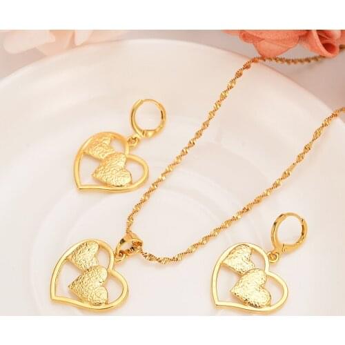 Dubai India Ethiopian Gold love heart set Jewelrysets for women Pendant Chain Earrings African Bride Wedding Bijoux girls gift