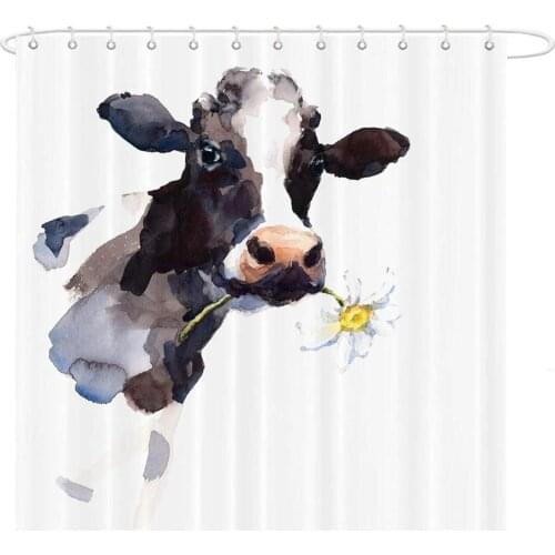 Cow Farmhouse Shower Curtain Flower Animal Painting Art Bathroom Decor Waterproof Polyester
