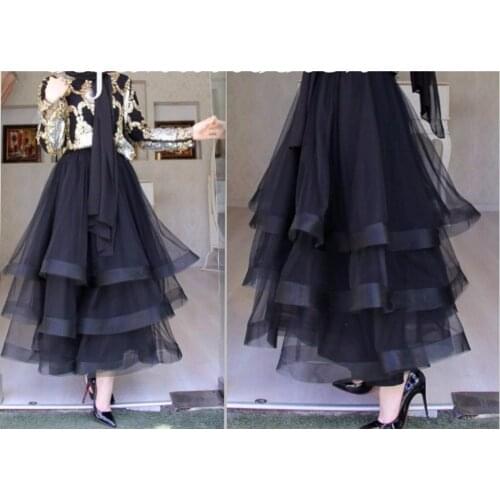Muslim Modest Black Skirts Women Ankle Length Ruffles Tiered Organza Skirt Ruched Female Skirt Custom Made Zipper Style