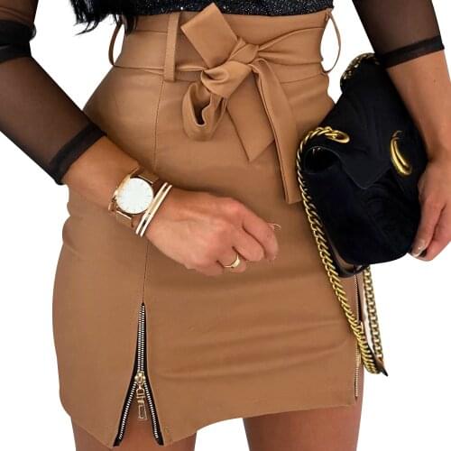 New fashion Women Ladies High Waist Pencil Skirt sexy Bodycon Suede Leather split party casual Mini Skirt bandage belt skirt D30
