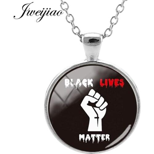 JWEIJIAO Raised Fist of Solidarity Pattern Round Glass Cabochon Necklace Black Lives Matter Fashion Jewelry Long Chain Gift BL05