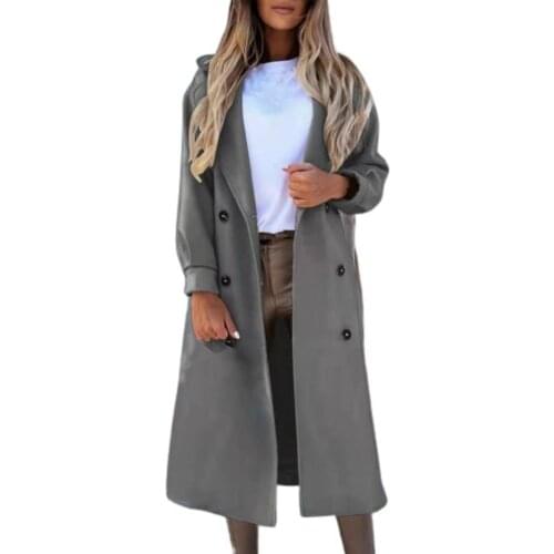 Dropshipping!! Women Long Coat Solid Color Double Breasted Autumn Winter Warm Suit Collar Long Sleeve Overcoat for Office