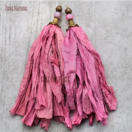 Cerise Pink Sari Silk Tassel Pendant Boho Chic Antique Bronze Color Plated Glory Caps With Elegant Beads In 6.8 inch PM9044