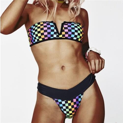 Sexy Bikinis Color mosaic Bandeau V Neck Bikini Swimsuits Push Up Swimwear Female Brazilian Bikini Set Bathing Suits Biquini