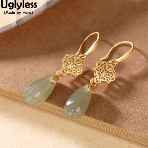 Uglyless 100% Genuine Natural Jade Magnolia Earrings for Women Elegant Dress Gemstones Jewelry Gold 925 Silver Brincos Bijoux