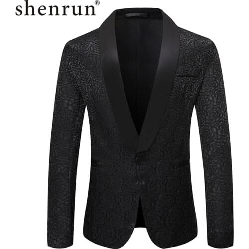 Shenrun Mens Blazers Business Casual Black White Jacquard Jackets Shawl Lapel Groom Tuxedo Jacket Singer Host Stage Costumes