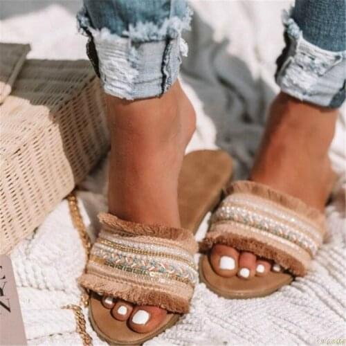 Summer New Fringe Rome Slippers Large Size Women Flat with Slide Breathable Weaving Slippers Mules Shoes Women Casual Sandals