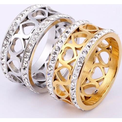 Luxury Women Lovers Heart Iced Out CZ Charm Rings Jewelry High Quality Stainless Steel Rings for Engagement Femme Rings