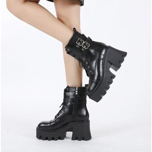 Woman Autumn Ankle Boots Lace Belt Buckle Gothic Black Womens Boots Platform Punk Boots Chunky Party Dress Ladies Shoes Zipper