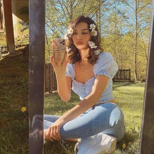 2021 Summer Puff Sleeve Crop Tops Blouses Women Short Sleeve V Neck Ruched Vintage Blouses Casual Sexy Shirts Female Blusa