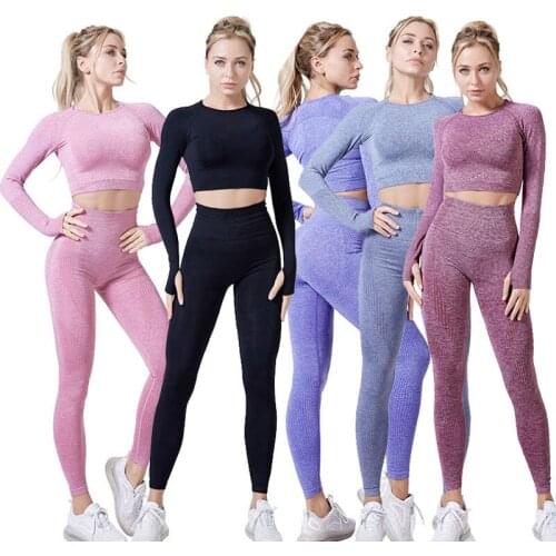 Women Vital Seamless Long Sleeve Yoga Set Fitness Indoor&Outdoor Sports Suits Gym Clothing Crop Top High Waist Running Leggings