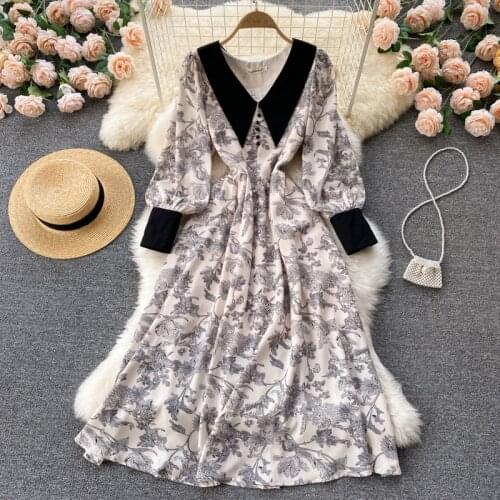 SINGREINY Women French Floral Dress Retro Turndown-Collar Long Sleeve A-line Dress Autumn Elegant Fashion Streetwear Midi Dress