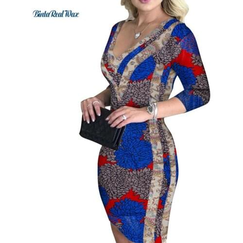 2021 Sexy Lady Party/Datting Dress African Wax Printing Patchwork V-Neck 3/4 Sleeve Plus Size African Dresses For Women WY8848