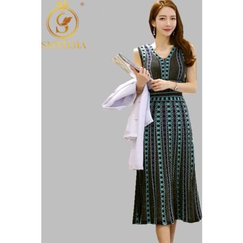 SMTHMA 2021 New Summer Long Knitted Jacquard Sweater Vest Dress Sexy V-Neck Womens Color Bright Vestido Da Festa