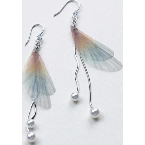 1Pair 100% Real. 925 Sterling Silver Bird Feather angel Wings Butterflys Wings Long Earrings Tassel CZ &Shell pearl GTLE1607