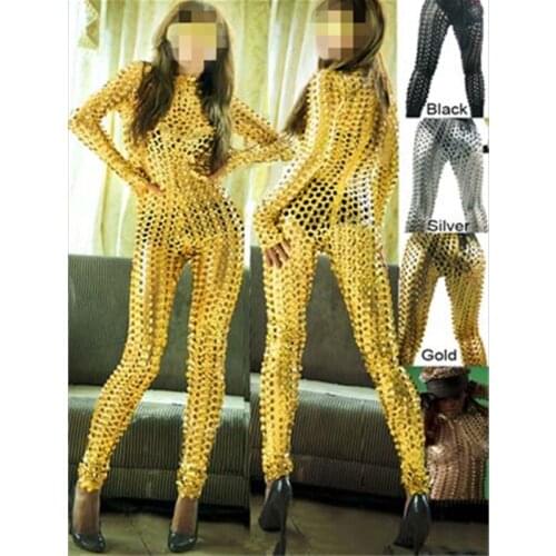 3 Color Adult Sexy Shiny Leather Jumpsuit Sleeves Hollow Out Hole Pole Costume Zipper Front Exotic Clubwear Catsuit