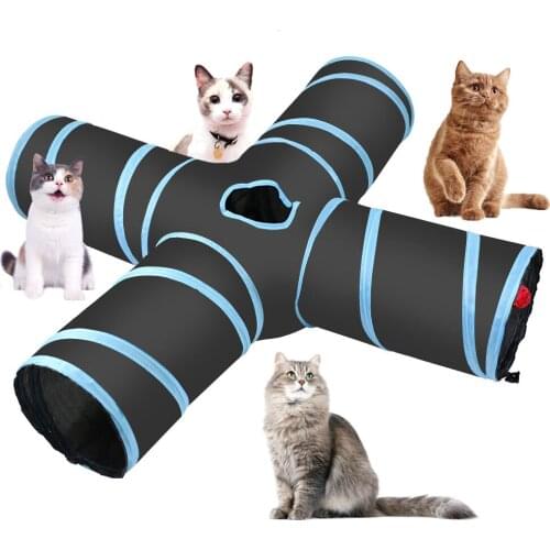 4 Way Cat Tunnel Collapsible Pet Play Tunnel Tube Toy with a Bell Toy & a Soft Ball Toy for Cat, Puppy, Kitty, Kitten, Rabbit