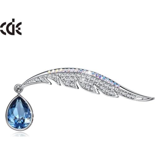 CDE Fashion Rhinestone Feather Brooches with Blue Water Drop Crystals Coat Brooches Pin Jewelry Accessories