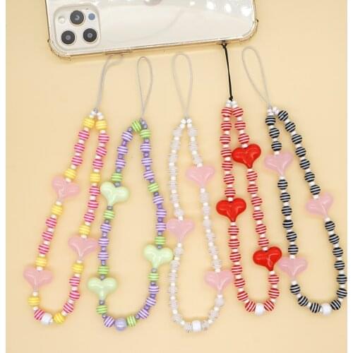 Go2Boho Heart Charm Beads Phone Chain Strap Mobile Lanyard Accessories Telephone Jewelry For Women Acrylic Phone Case Chains