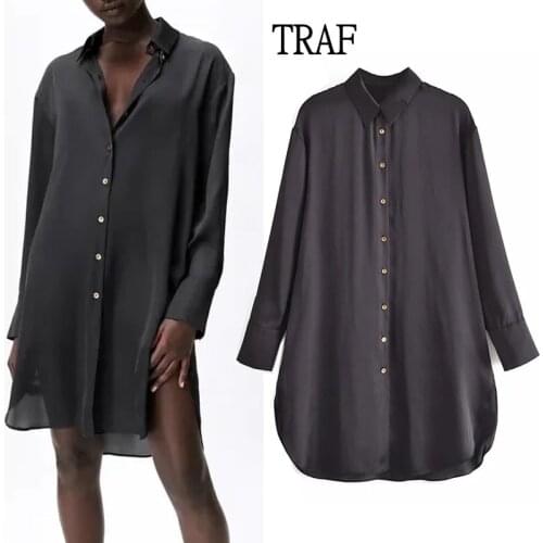 TRAF Za 2021 Black Long Women Shirt Chic Satin Blouse Women Oversize Shirts Woman Long Sleeve Summer Blouse Female Vintage Shirt