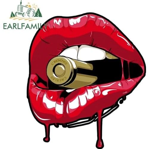 EARLFAMILY 13cm x 11cm Cartoon Car Sticker Red Lips With Bullets Decal Funny Bumper Trunk Laptop Motorcycle Vinyl Car Wrap