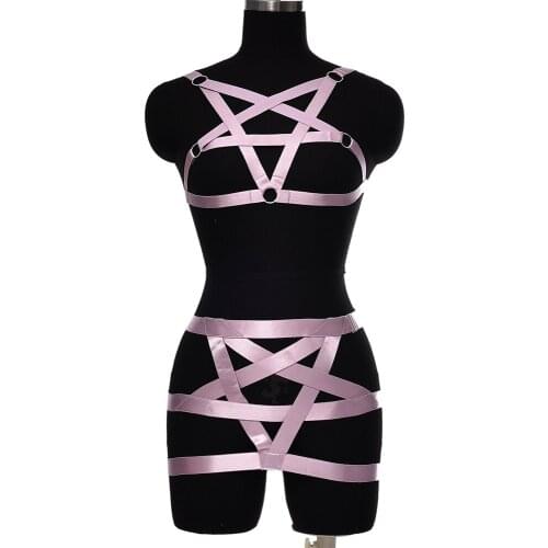 Wedding Pentagram Bondage Harness Bra Set Belt Rave Wear Body Cage Adjust Sexy Lingerie Open Chest Taro purple Body Harness