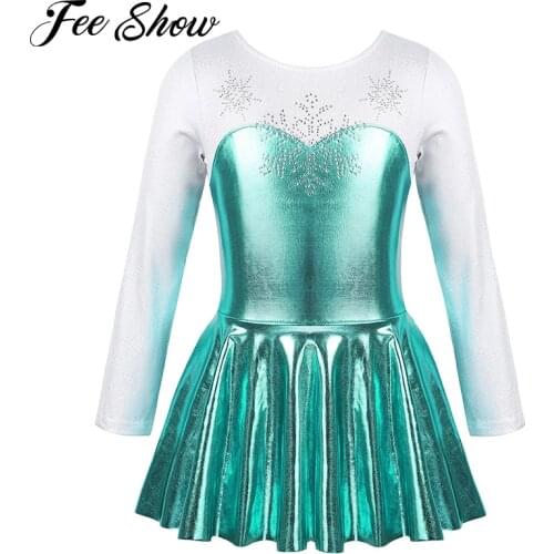 Kids Long Sleeves Shiny Rhinestone Snowflake Metallic Figure Skating Dress Ballet Costume Gymnastics Leotard Girls Dance Wear