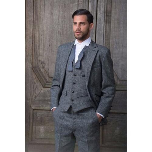 Elegant Grey Tweed Formal Men Suit new Slim Fit Classic Stylish Custom Mens Tuxedo Costume Homme Traje Hombre Mens Suits 3 Piec
