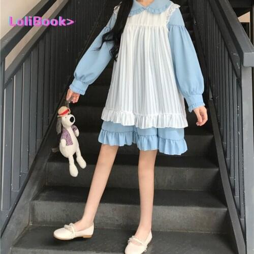 Lolibook Sweet Cute Kawaii Girls Lolita Dress Princess Maid Vintage Ruffles Dress Puff Sleeve Women Dress Round Collar