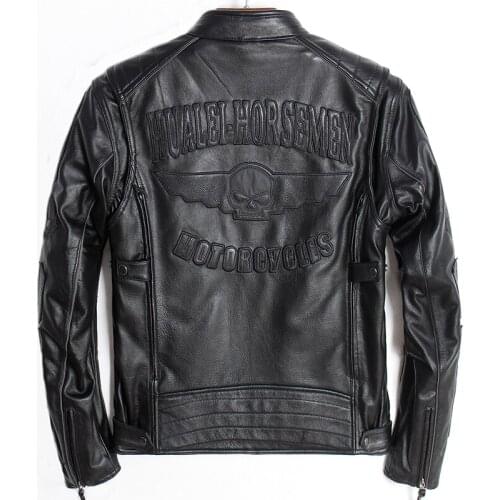 Mens Genuine Cowhide Black Skull Heavy Industry Locomotive Service Leather Jacket Motorcycle Jersey Leather Jacket Coat Winter
