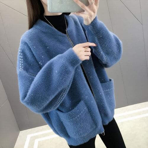 Spring and autumn new mink cashmere velvet jacket female zipper knitted cardigan loose wild warm thickening