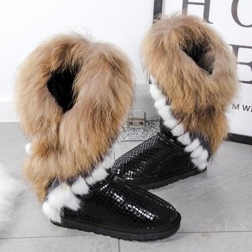 OLOMLB Womens Round Toe Suede Leather Real Fox and Rabbit Fur Furry Mid Cafl Boots Fleece Thicken Warm Winter Snow Shoes 5Color
