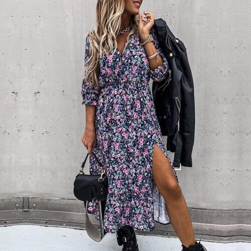 Floral Autumn Dress Women Maxi V Neck Boho Long Sleeve Woman Dress 2020 Split Button Casual Party Dresses for Women Vestidos
