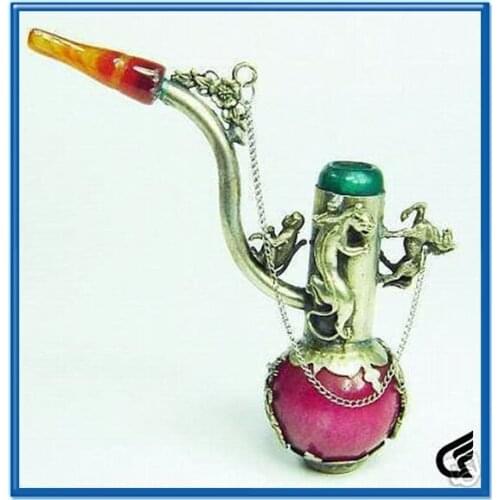 Rare Qing-Dynasty Tibet silver&jade pipe,Free shipping