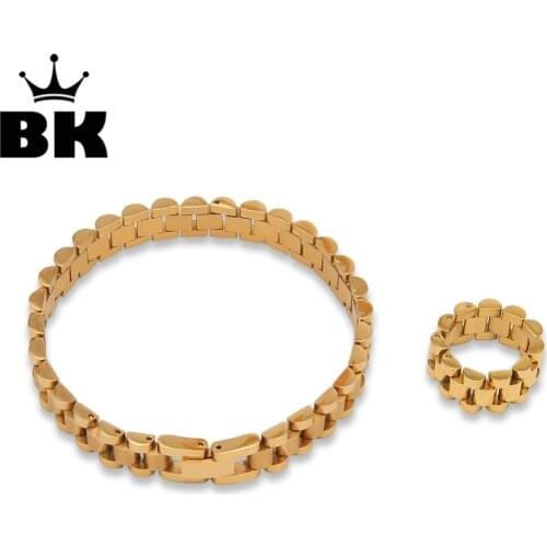 Solid Link Stainless Steel Watch Band 10mm Strap Wrist Bracelet & Ring Set Adjustable Watchband Gold silver color Tone