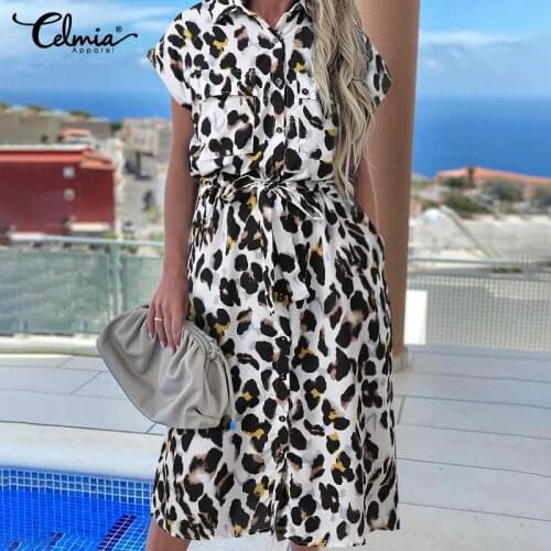 Women Sexy Leopard Print Sundress Celmia Elegant High Waist Shirt Dress Summer Casual Short Sleeve Button Cargo Midi Vestido 5XL